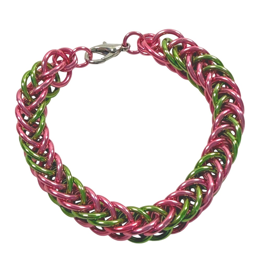Handmade Pink Green Chainmaille Full Persian Bracelet Aluminum 6.5" Dungeon